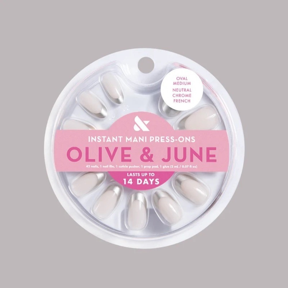 Olive & June Medium Oval Neutral Chrome French Tip Instant Mani‎ Press-On Nails